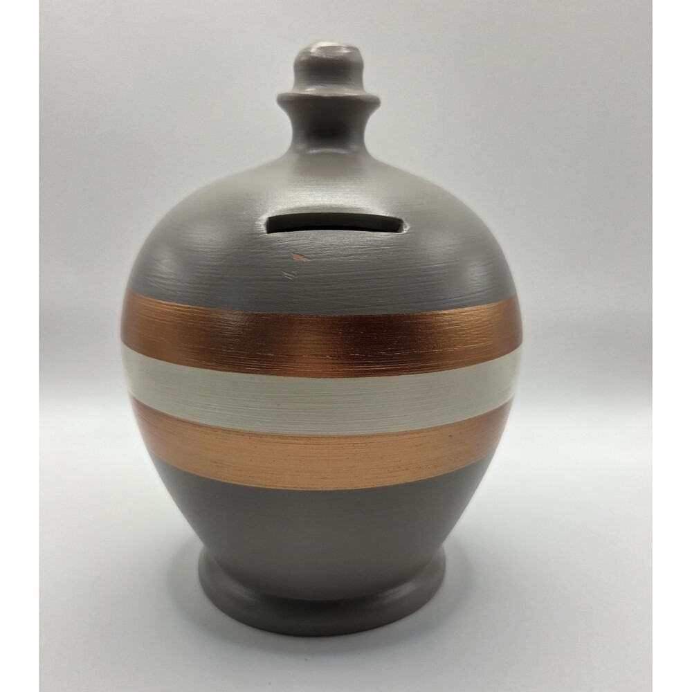 Vintage Ceramic Coin Bank MCM Style Gray Copper Striped Pottery Bank
